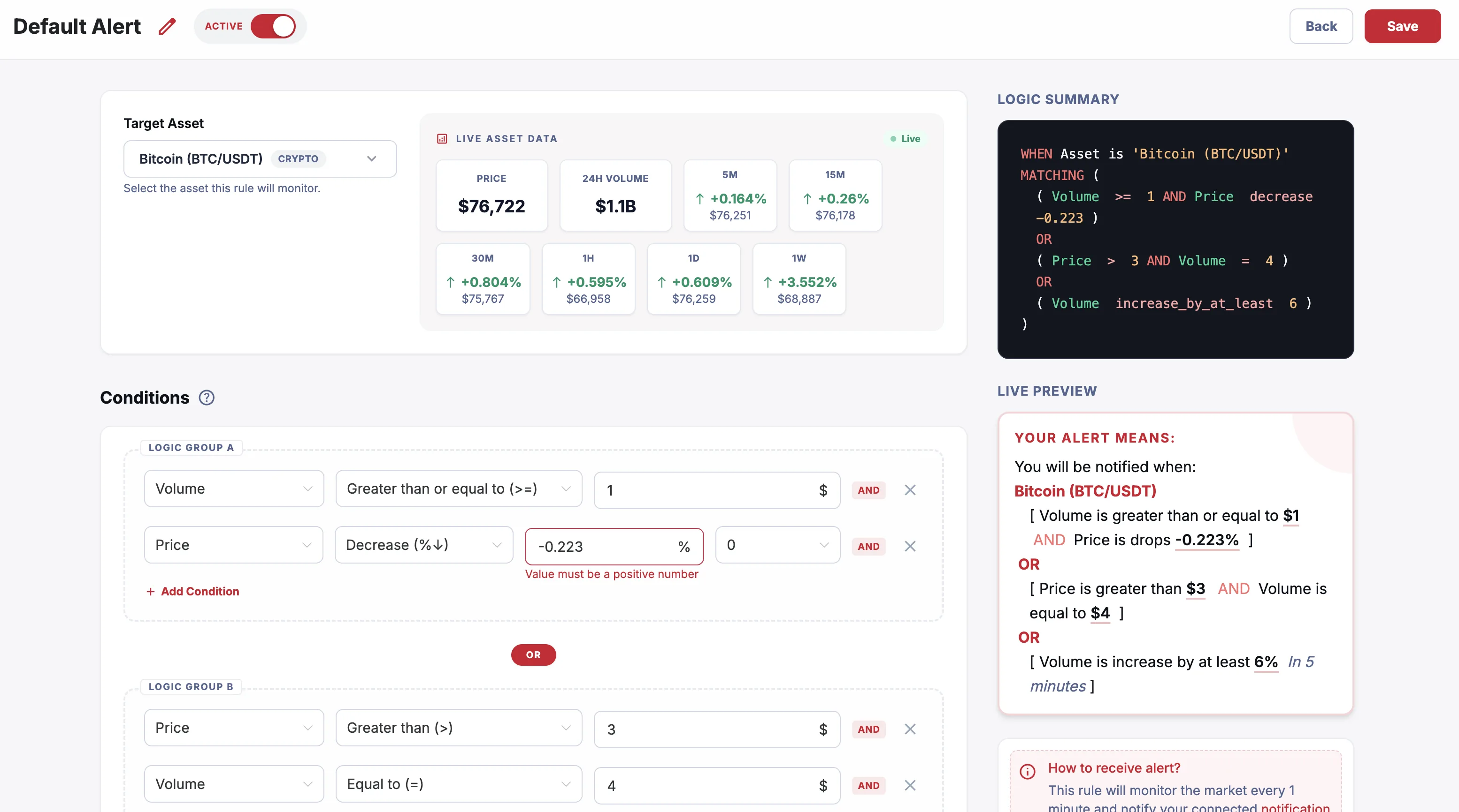 DoneRoad crypto and forex price alert builder interface showing live market data and a plain-English condition preview