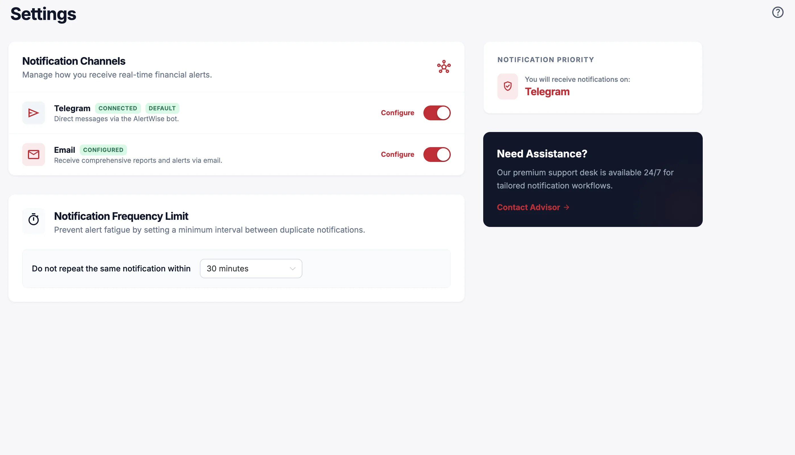 Telegram and email notification settings for DoneRoad market alerts